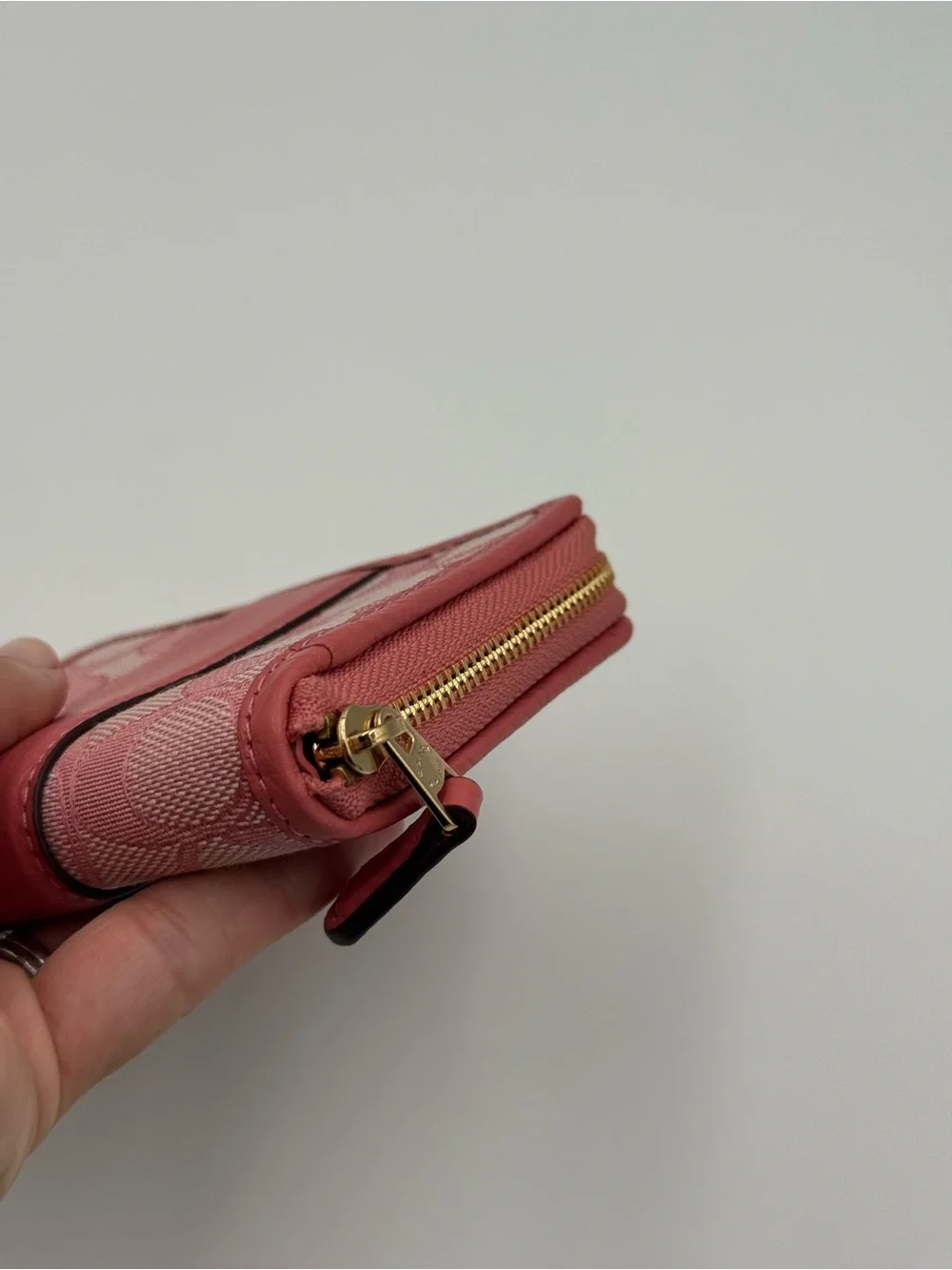 Coach Pink Signature Compact Zip Wallet with Gold Accent